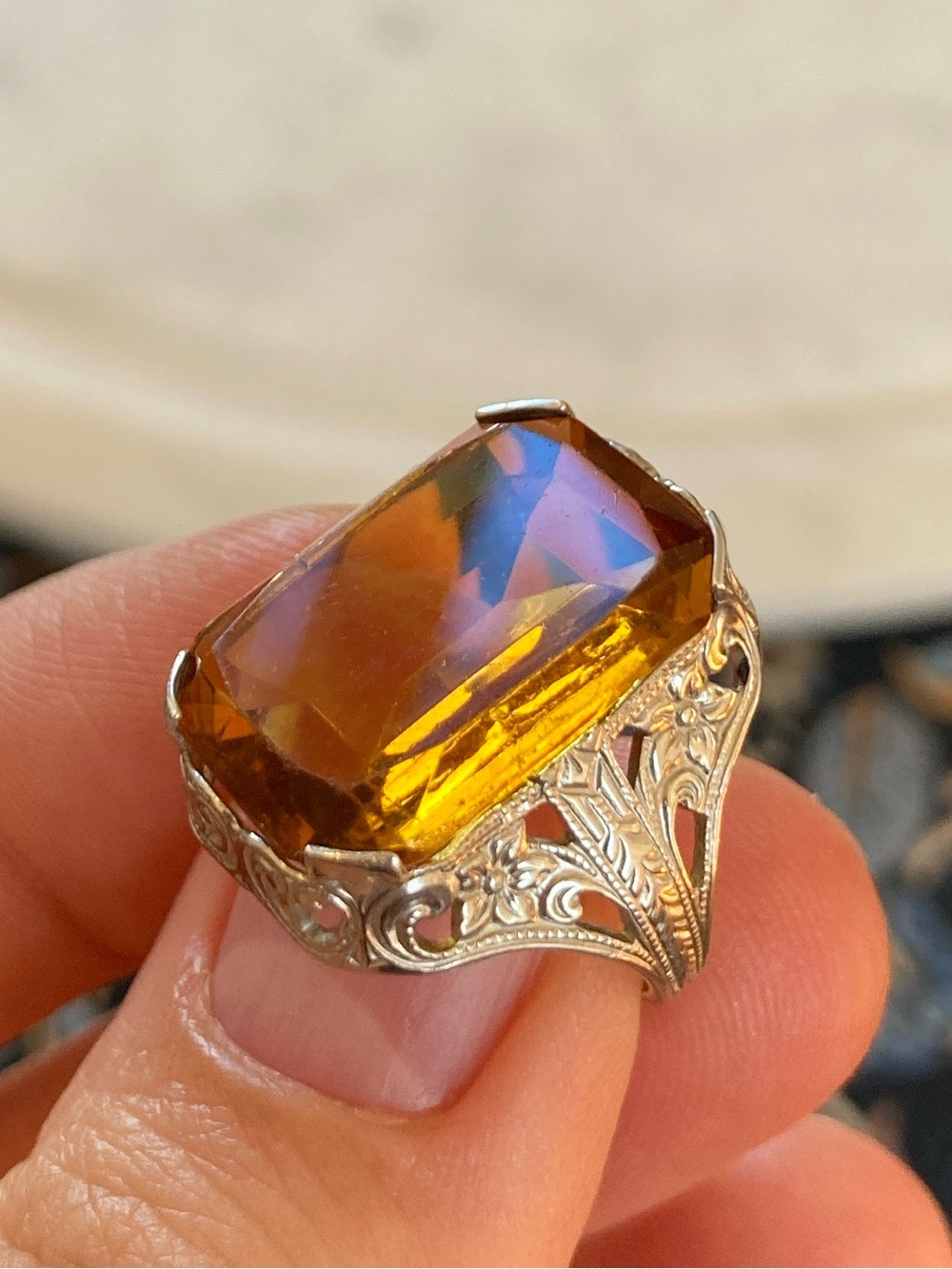 Antique Art Deco Ostby Barton Citrine Glass Sterling Filagree Ring